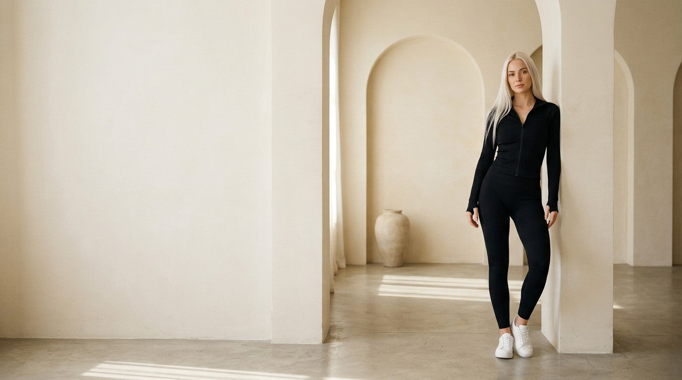 Model wearing the Eveloa black zip jacket and leggings in a warm cream studio